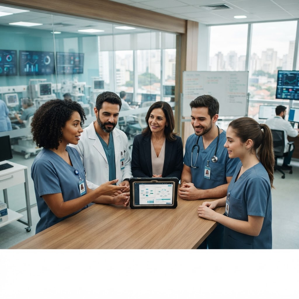 Equipe hospitalar colaborando com apoio de tecnologia